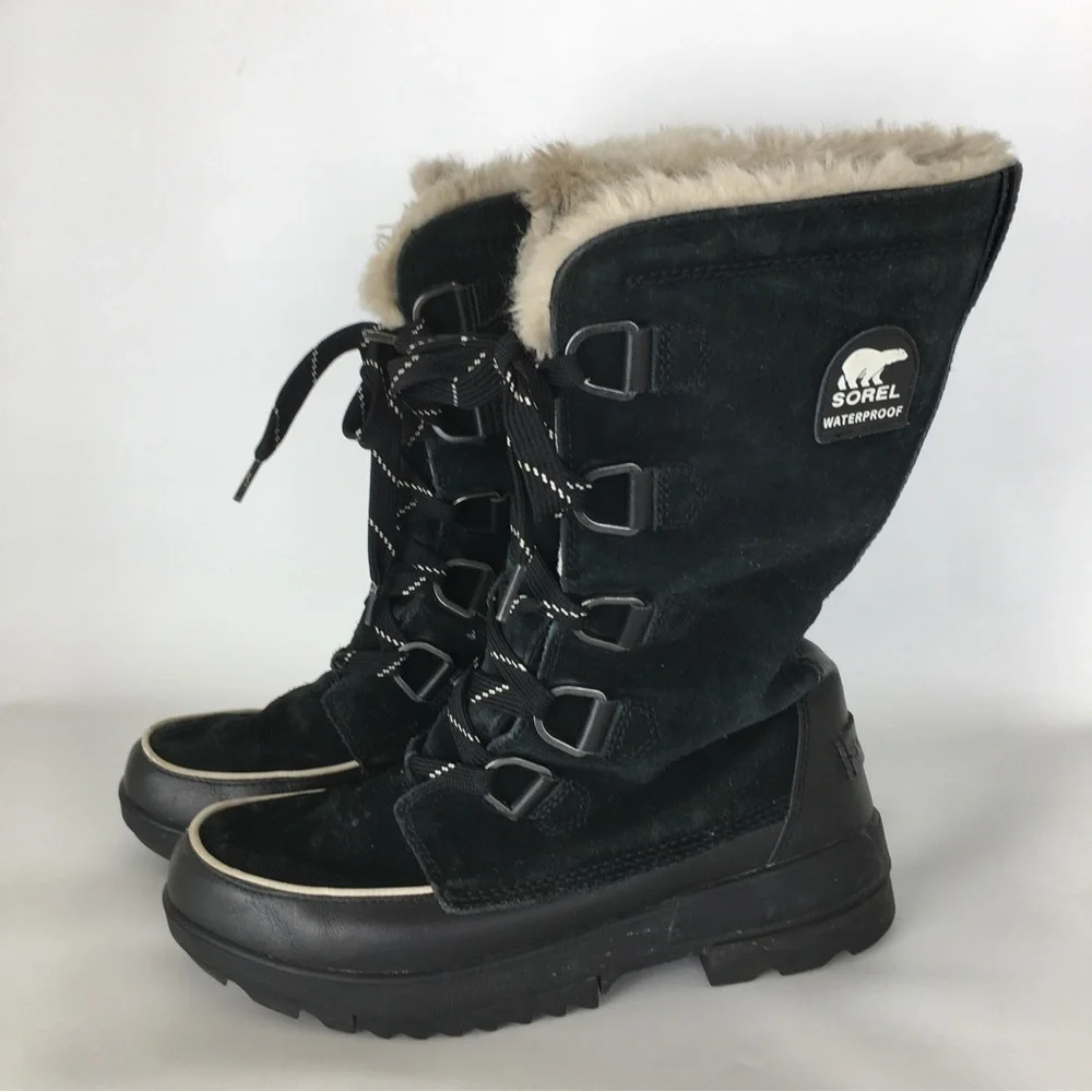 Sorel Tivoli Tall Waterproof Out Dry Boots Black Suede Faux Fur Lining Size 10.5 - Picture 2 of 16